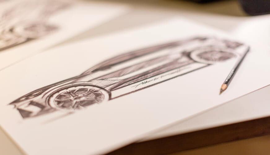 The process of creating a car begins with a sketch.