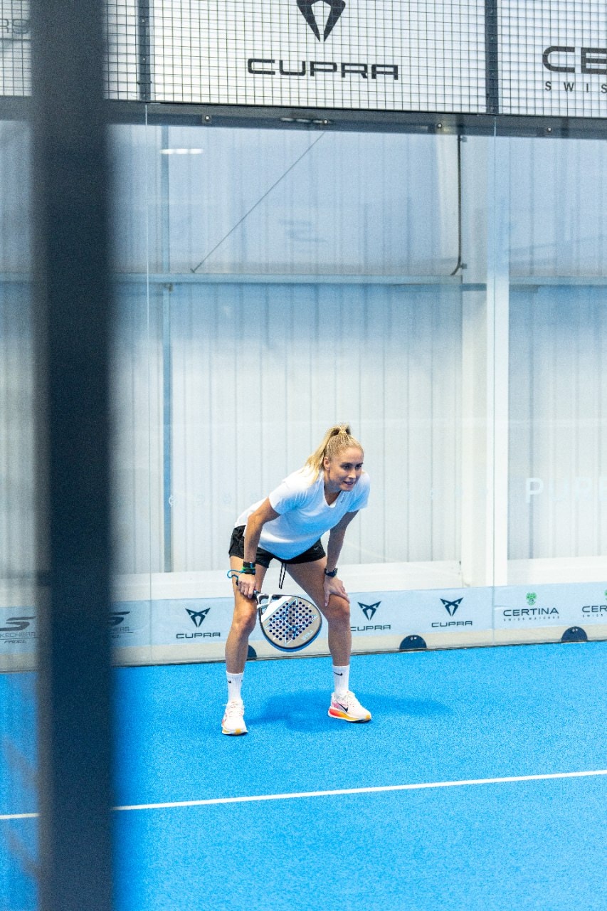 A celeb padel player mid-game at the Pro Am Padel Tour 2025