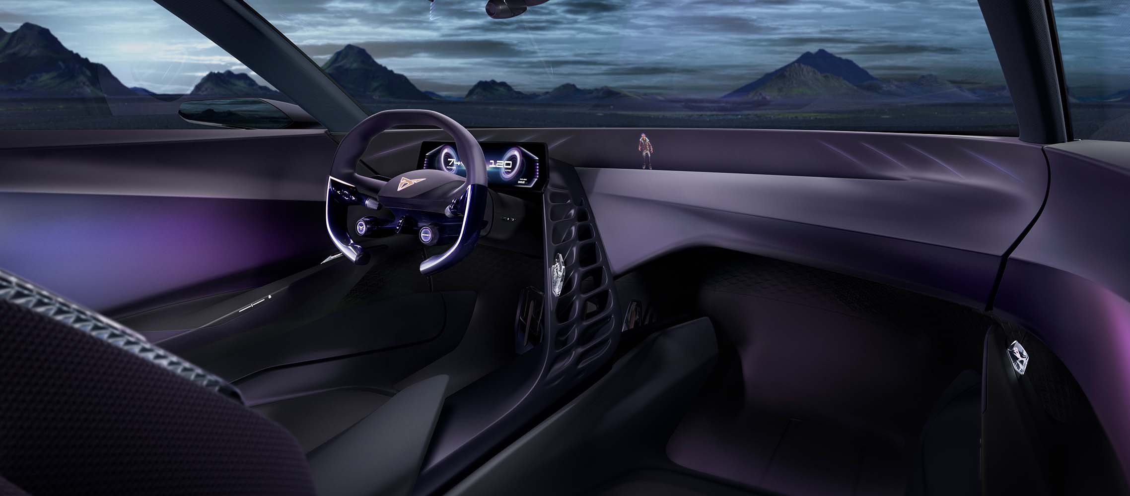 CUPRA Dark Rebel’s interior and dashboard with infotainment system, a metahype avatar and purple ambient lighting