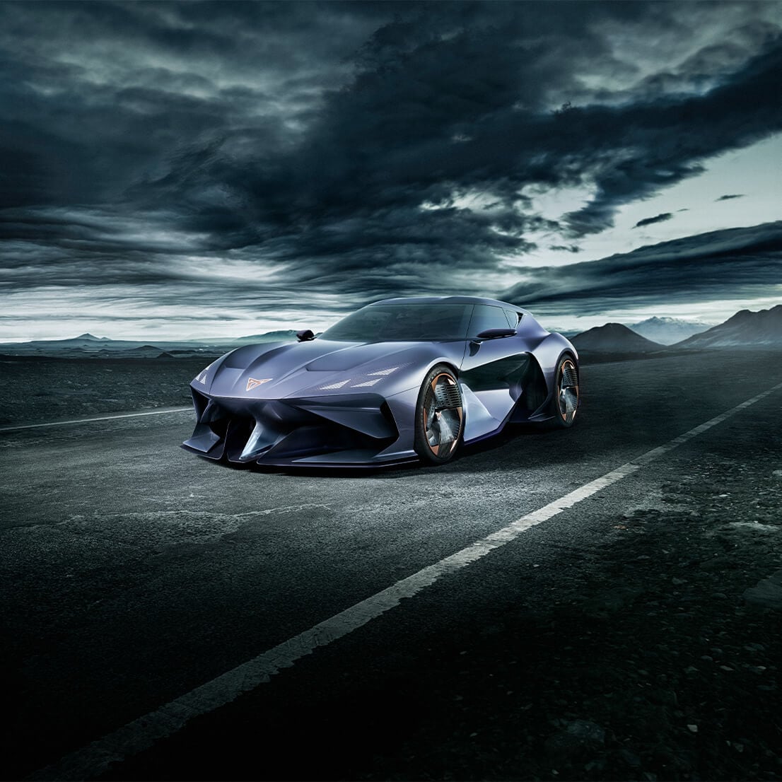 CUPRA DarkRebel Showcar in a dark and stormy setting