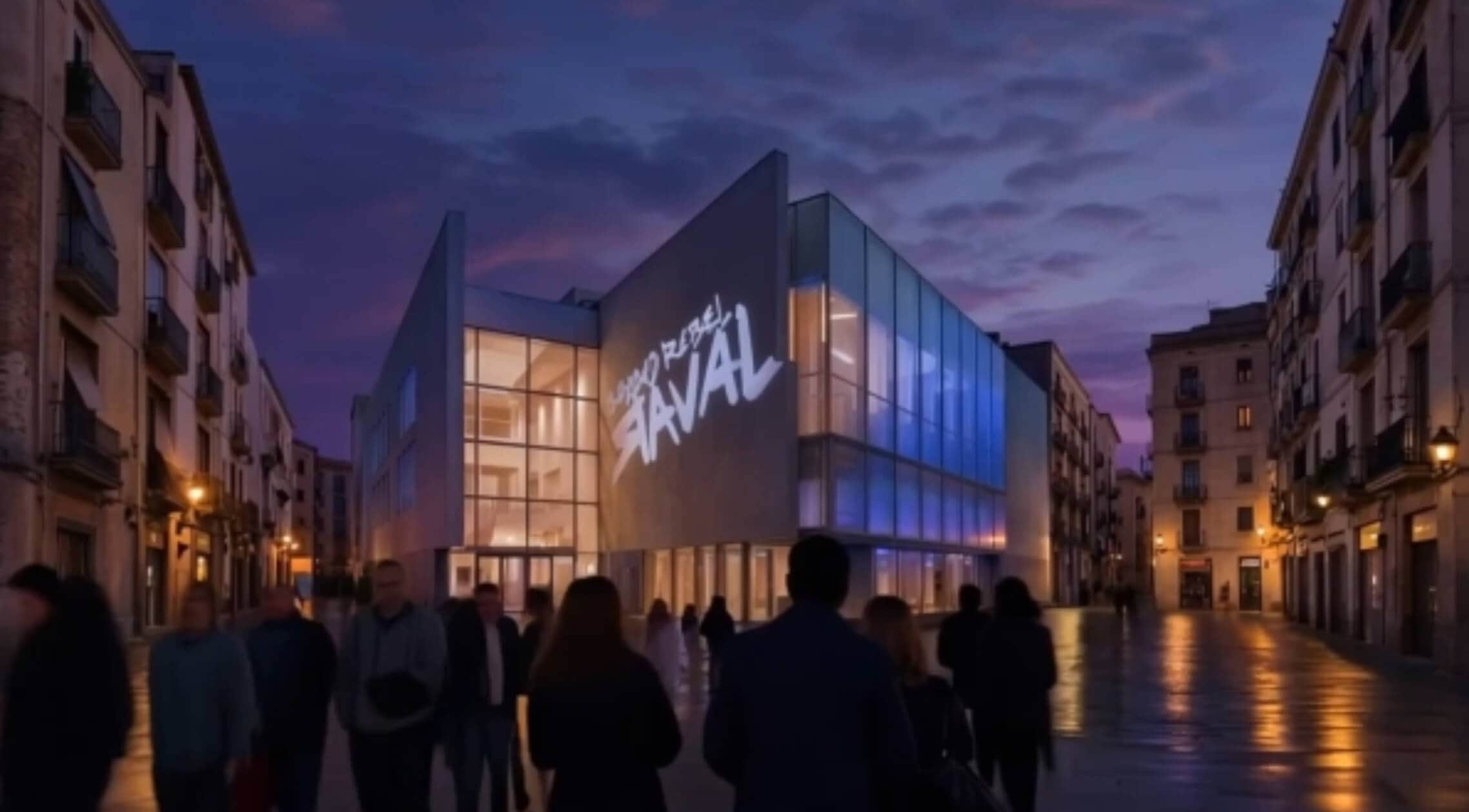 An urban city view with the text 'Beyond Rebel, Raval' projected onto the side of a building