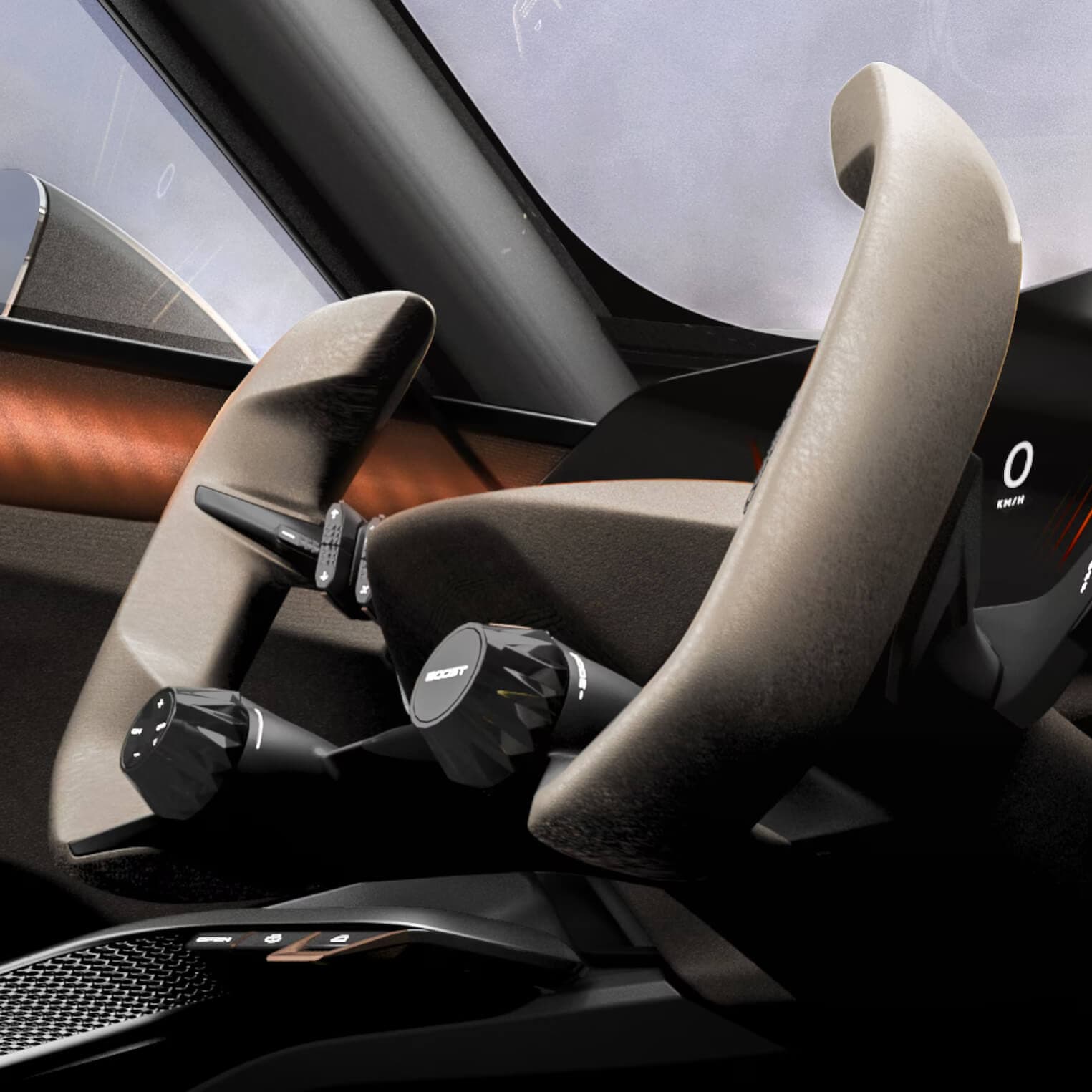 Inside cabin view of the CUPRA Tindaya showcar showing the steering wheel and dashboard