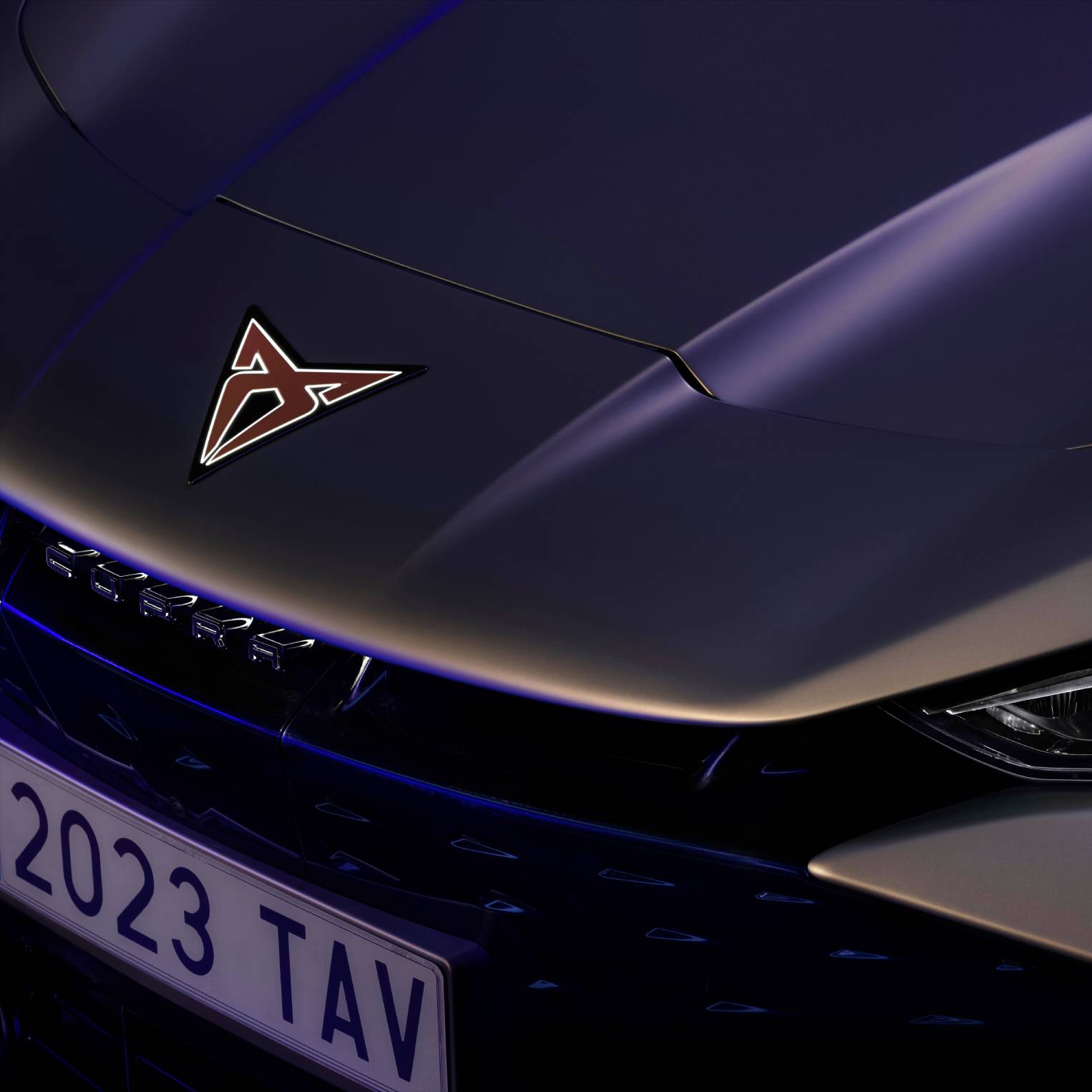 Close-up of the CUPRA Tavascan bonnet and headlight
