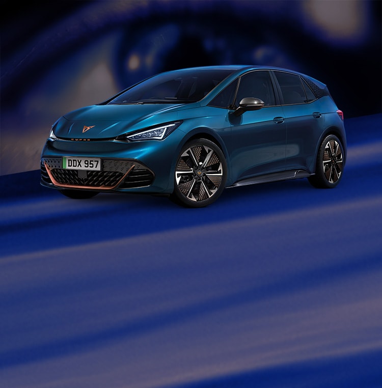 The CUPRA Born with an eye in the background