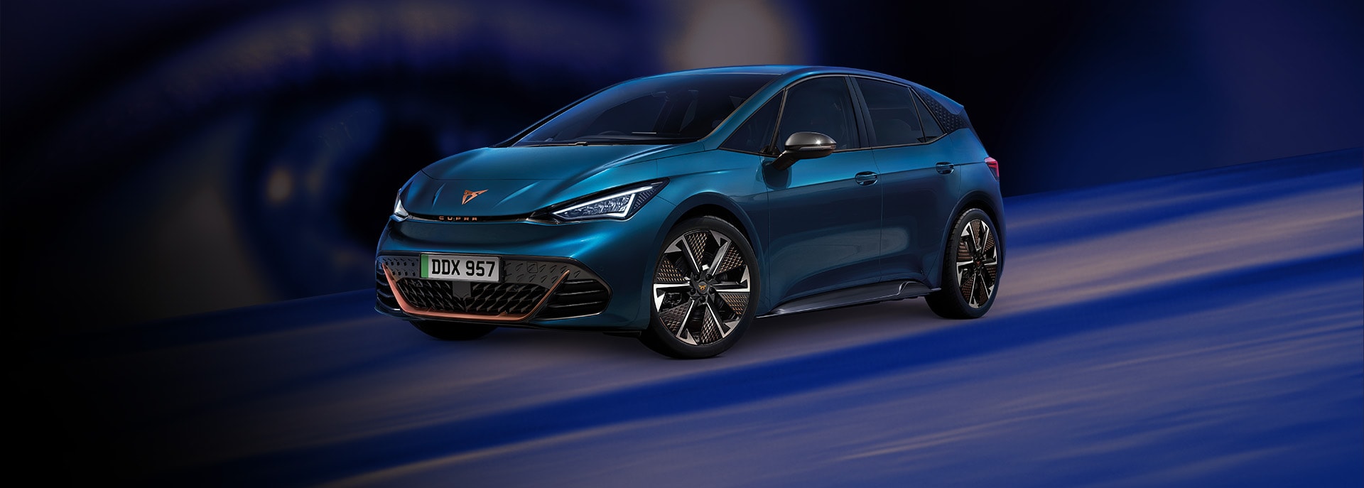 A CUPRA Born car on a stripey blue road with an eye in the background