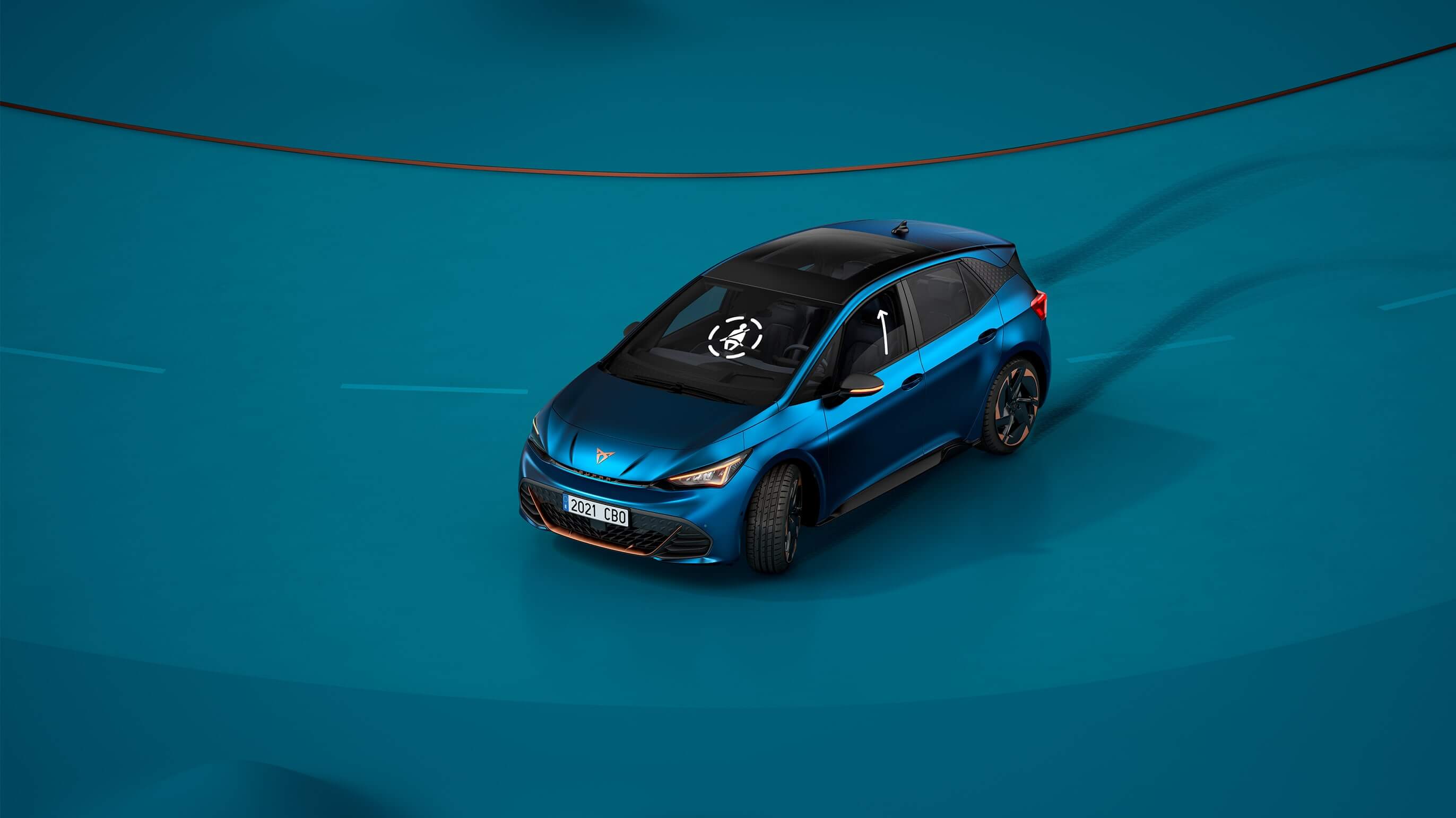 CUPRA Born Aurora Blue colour with pre-crash system assist