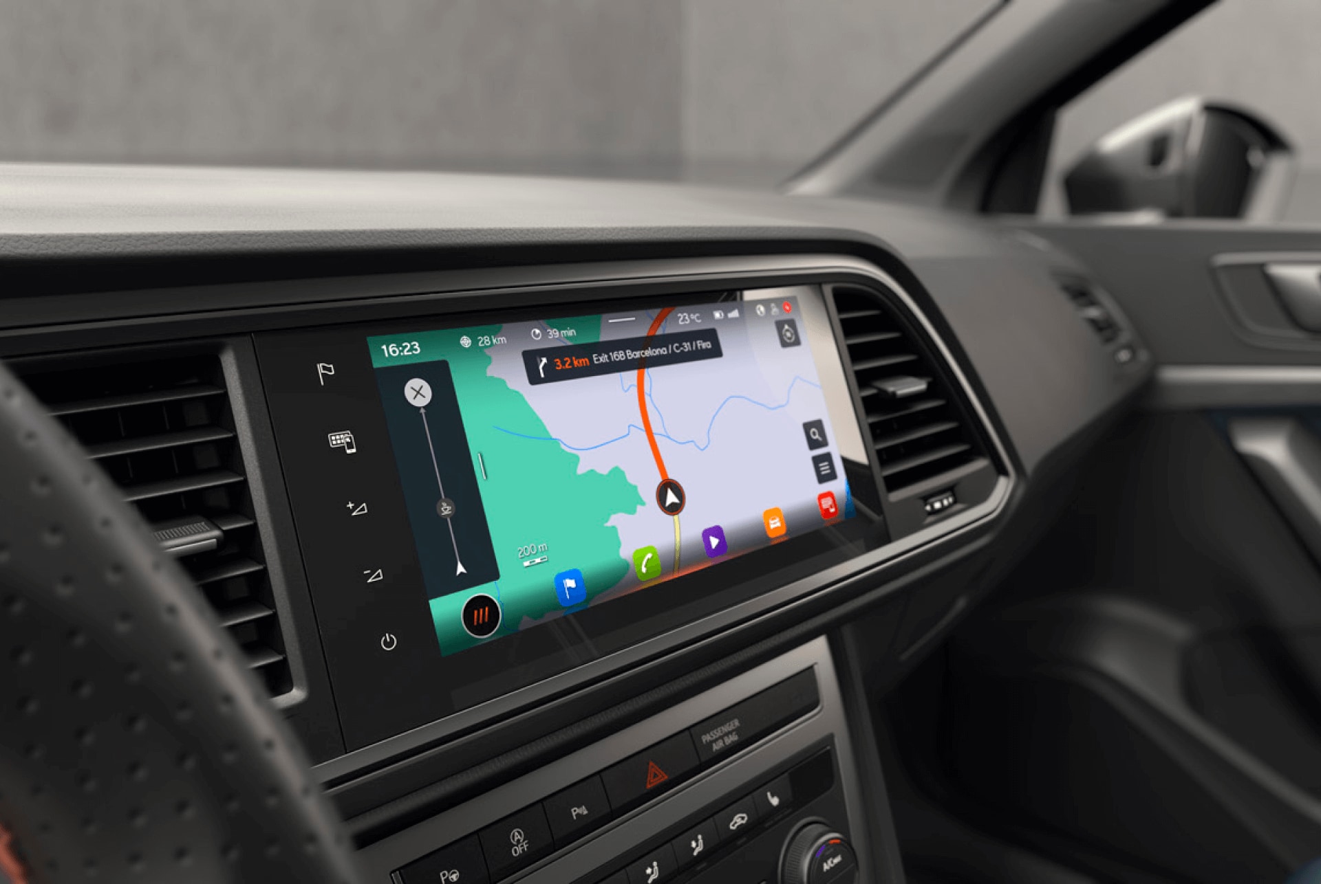 Close-up view of the 9.2" Navi System in the CUPRA Ateca, showcasing fully online navigation with clear and detailed mapping for precise route guidance.