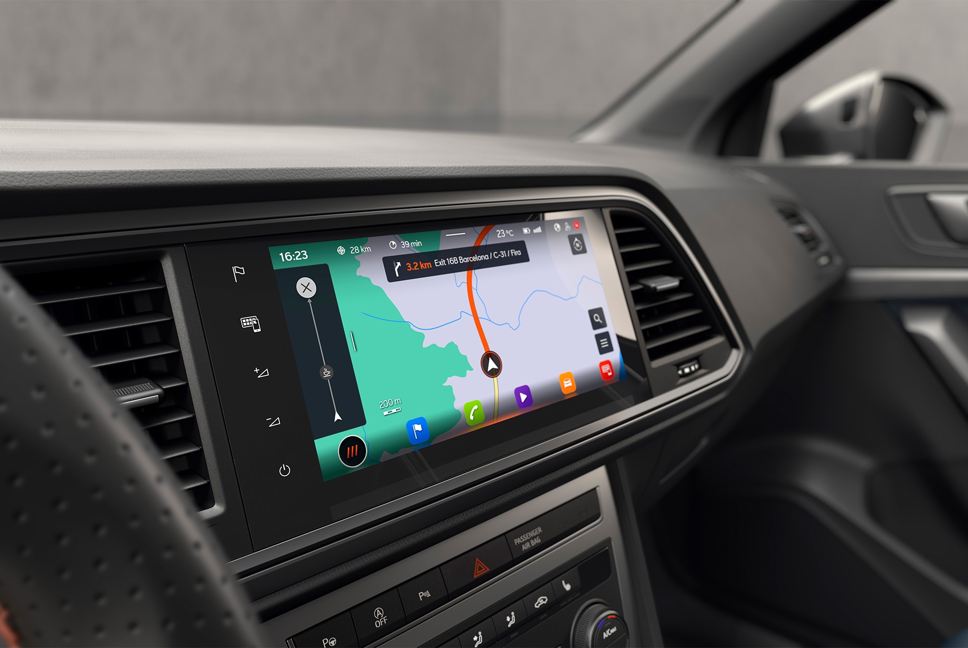 A person holding a smartphone with the CUPRA Ateca in the background, parked near a scenic view of mountains and water, symbolizing a connected world.