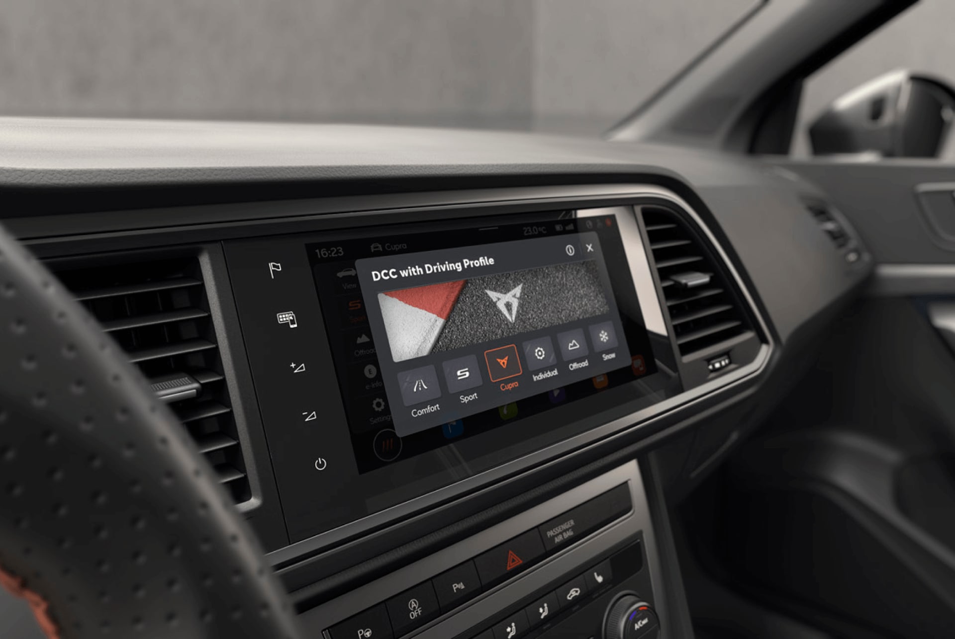 The CUPRA Ateca dashboard screen displaying DCC with Driving Profile settings. Harness race-level command with CUPRA Drive mode for full power performance.