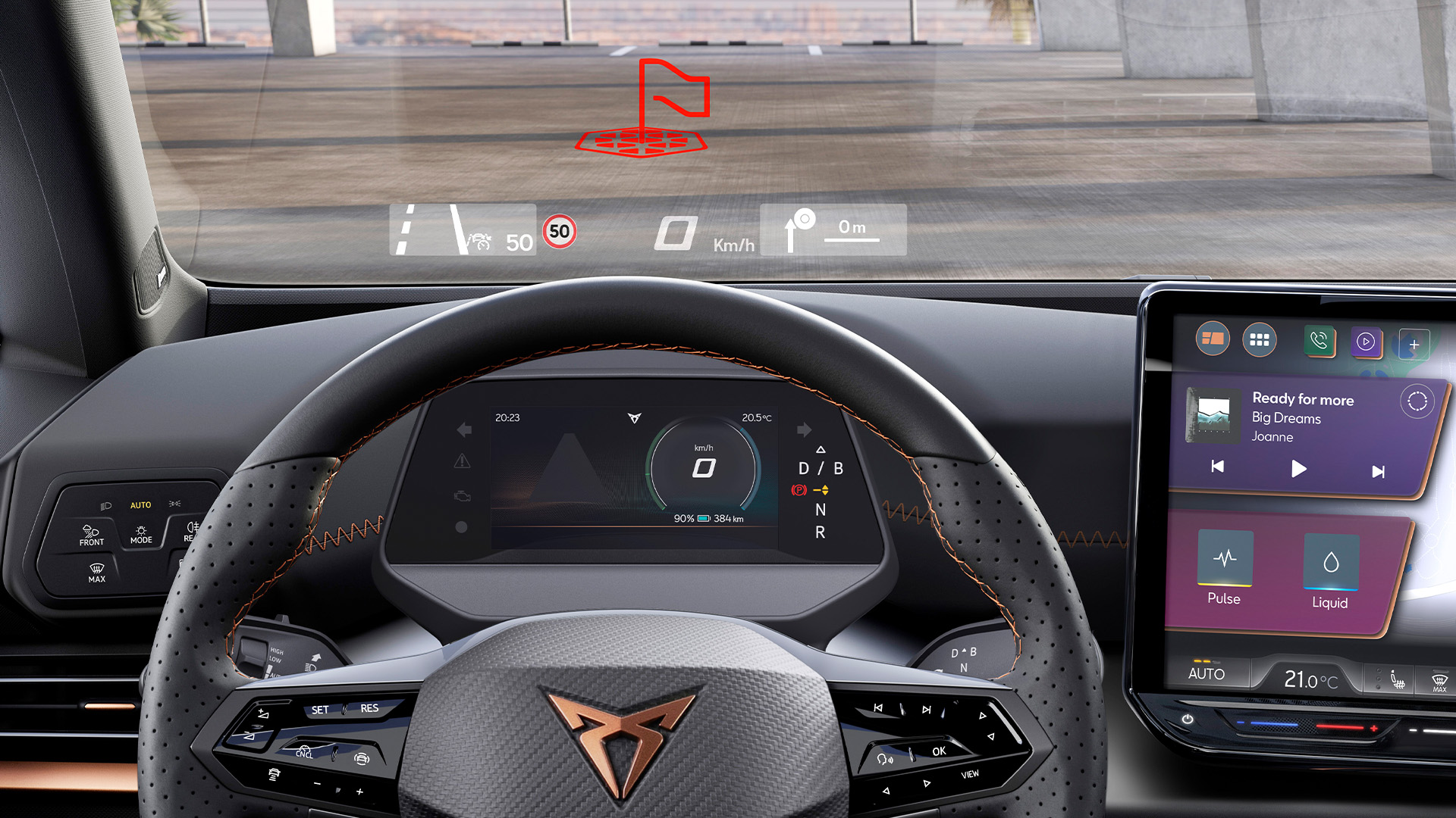 : Interior of the CUPRA Born showing how the augmented reality head-up display (AR-HUD) works.