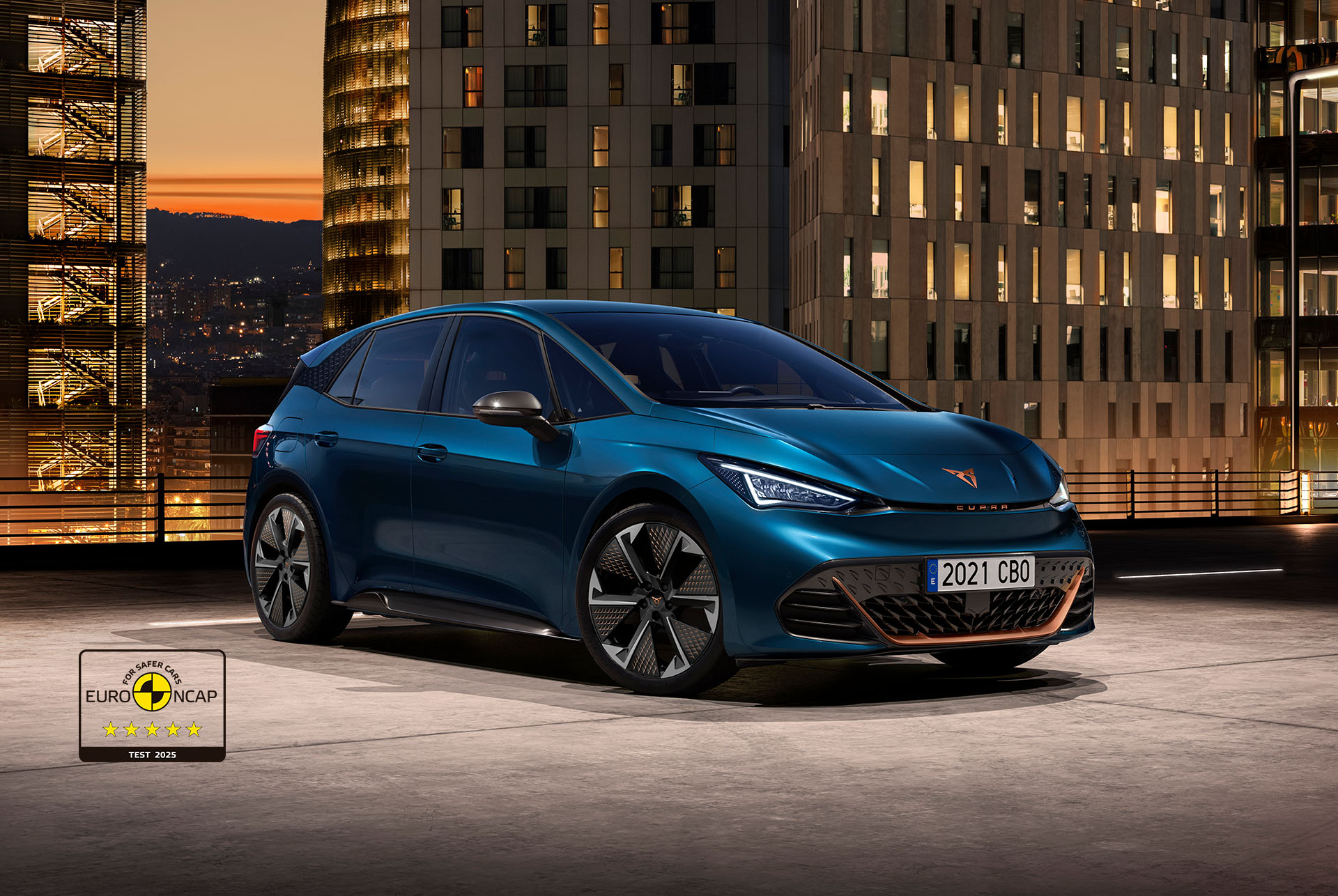 CUPRA Born Aurora Blue colour with copper and black aero blizzard wheels