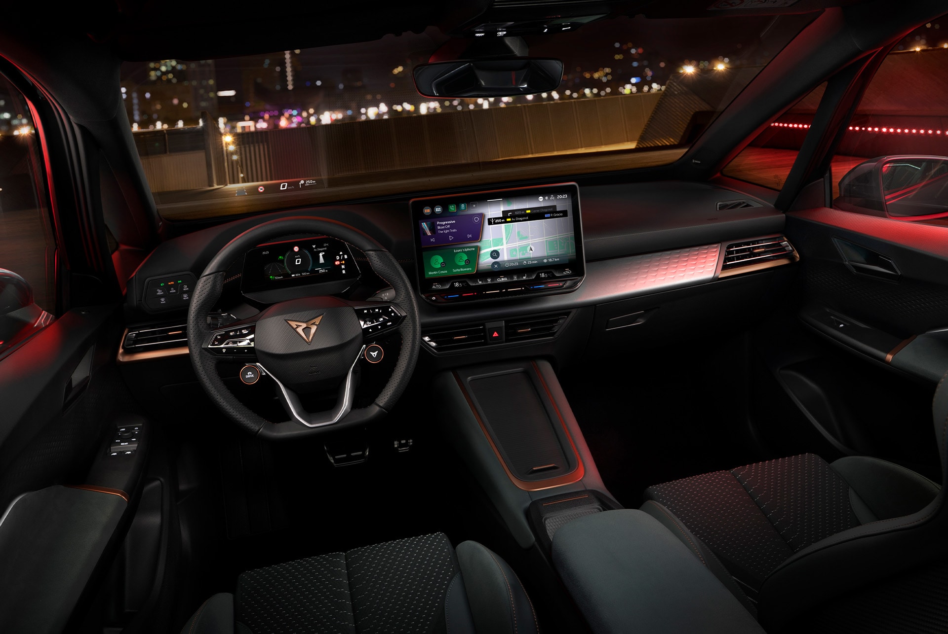 Interior shot of the CUPRA Born showcasing the dashboard and part of its CUP Bucket seats and upholstery