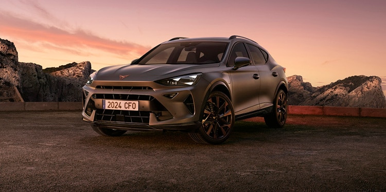 a bronze CUPRA Formentor parked on a mountain with a pink sky in the background