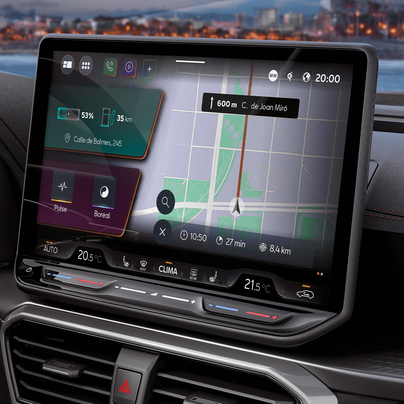 CUPRA Formentor 2025 dashboard view, infotainment system screen with CUPRA CONNECT Plus, for EV and PHEV charging stations, live traffic alerts, charging stations and finding car parks.