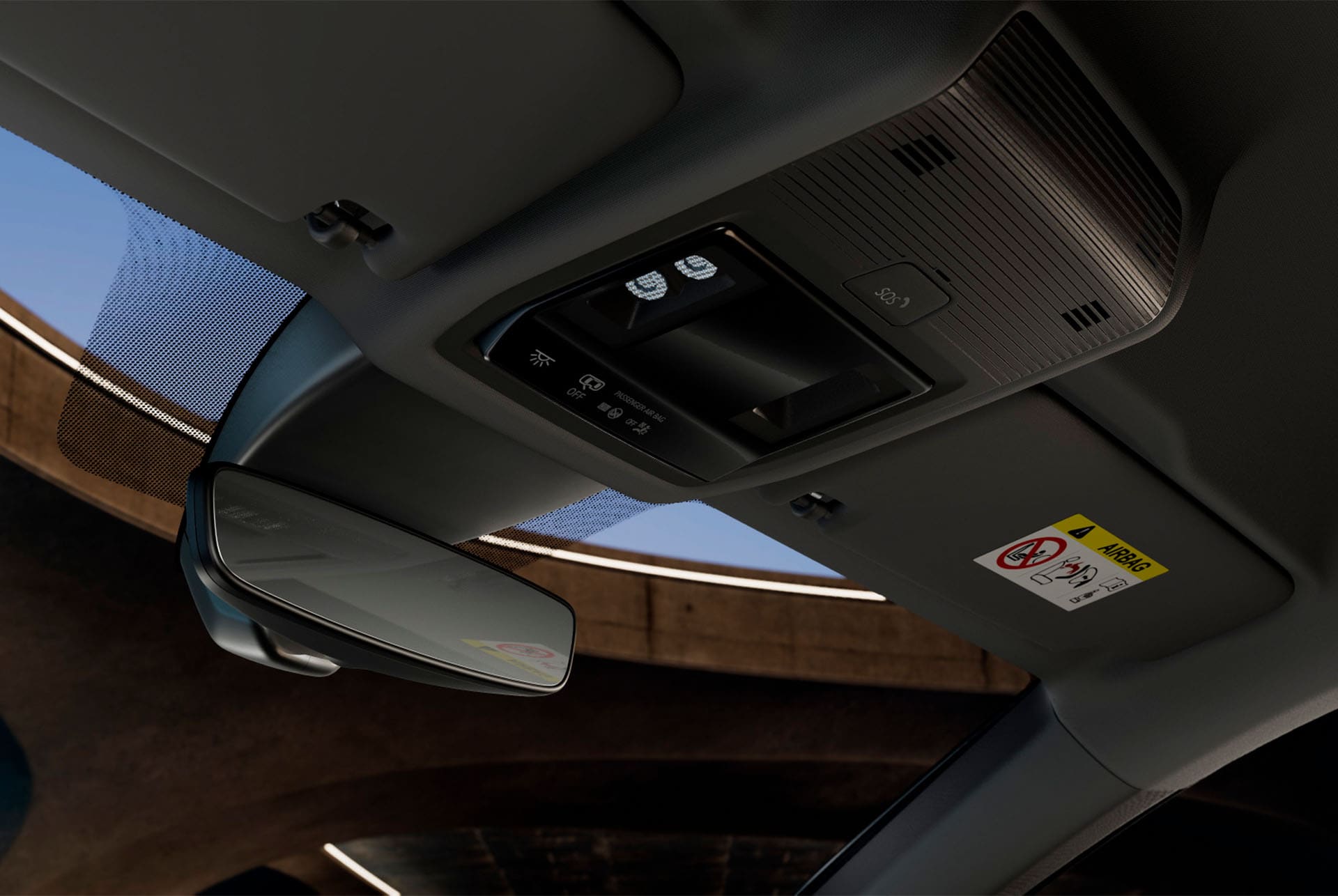 Interior view of a new CUPRA Formentor 2024 car showing the overhead console with a wing mirror, LED car cabin lights, various controls and CUPRA connectivity features, including an SOS emergency button.