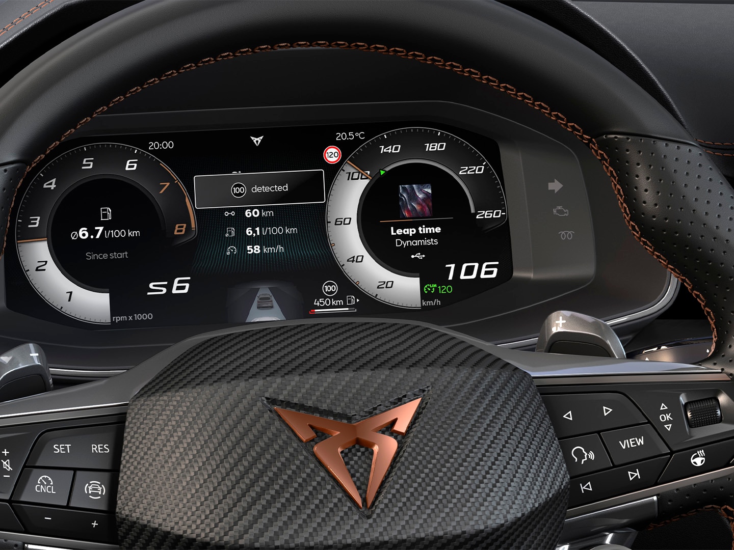 Close-up of CUPRA Formentor’s digital cockpit, that includes several technologies that enable an intelligent driving experience.