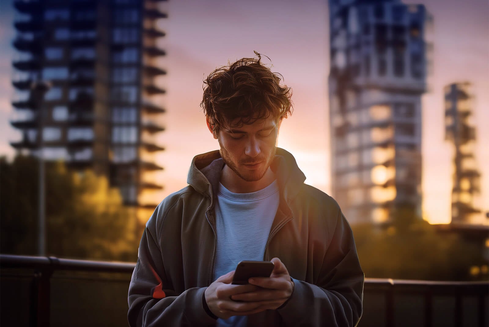 A person holding a smartphone against a urban landscape to showcase that the brochure for a CUPRA design can be downloaded anytime, anywhere.