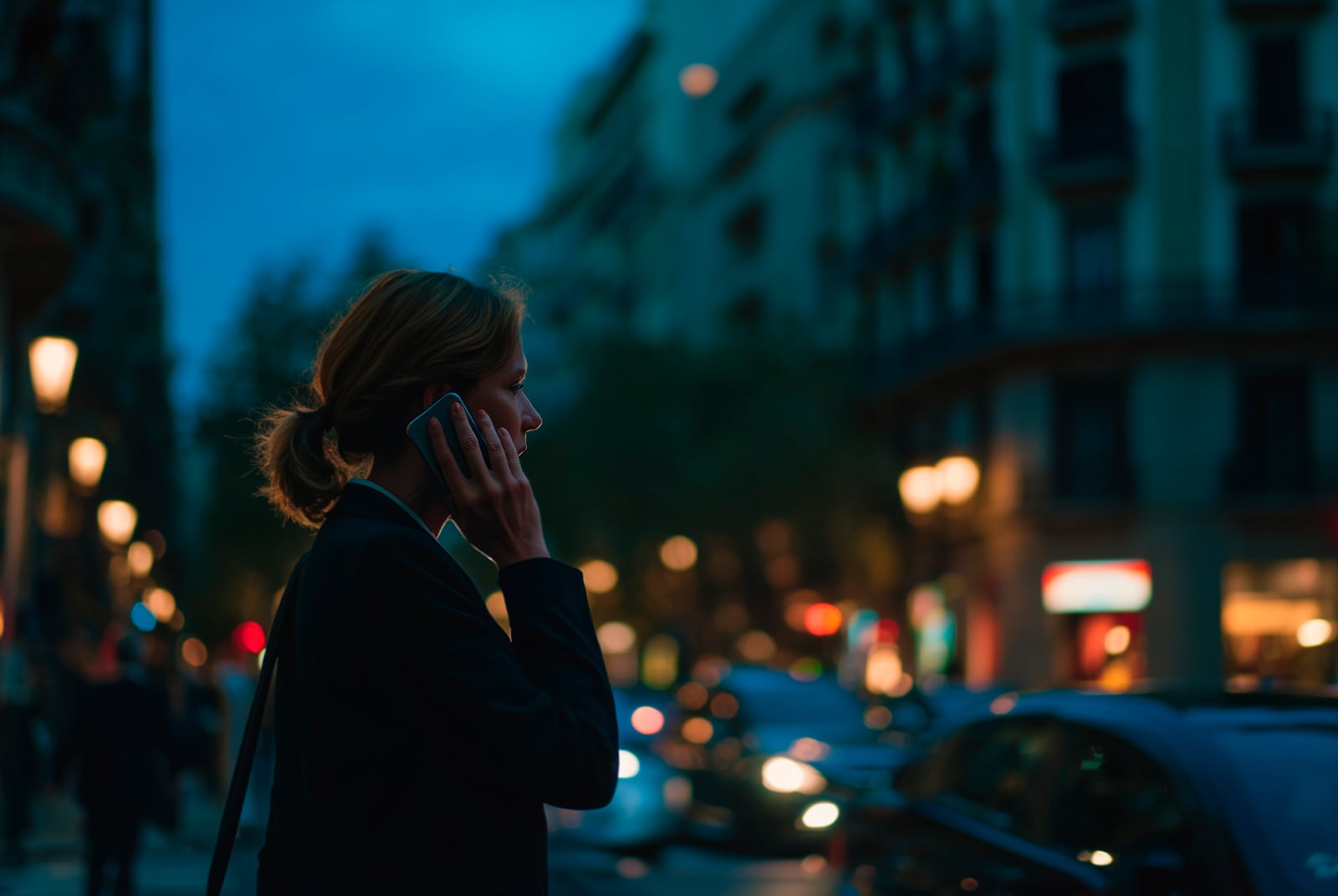 Shot of an evening street with traffic, featuring a woman using her phone to contact CUPRA’s help/contact service.