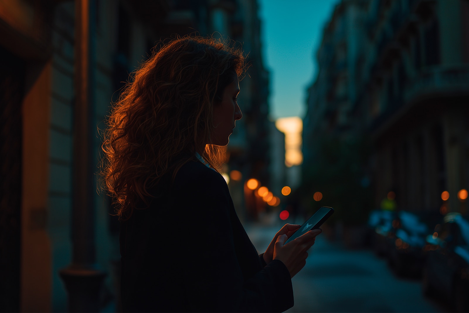 A woman in the city using her smartphone to browse available CUPRA vehicles in stock.