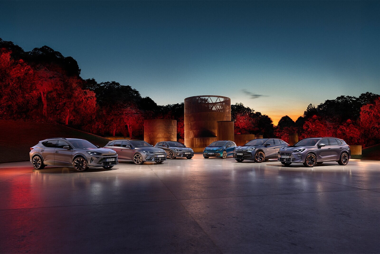 Image of the CUPRA car range in the sunset.