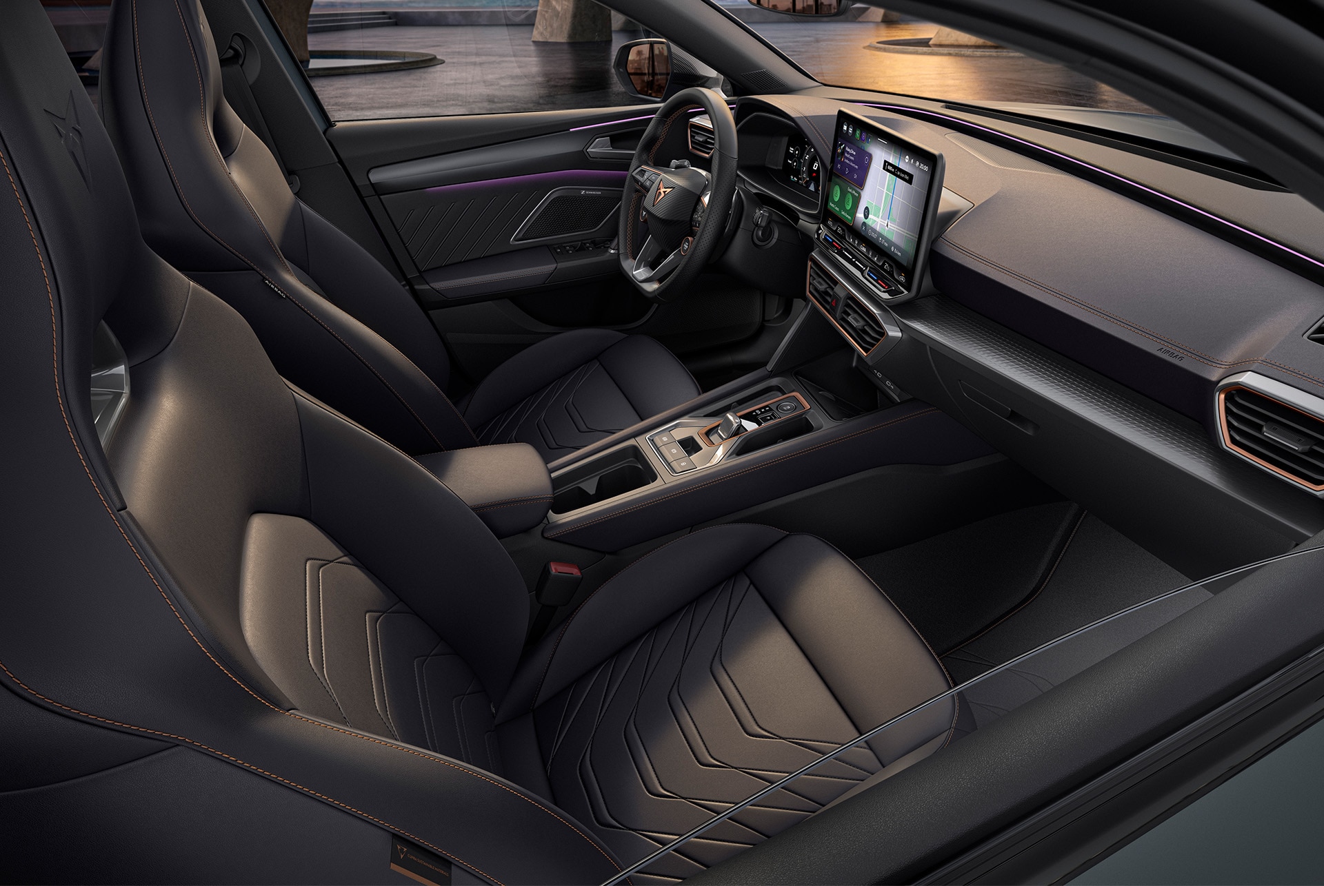 new cupra leon 2025 progressive interior phev car design, bucket seats metallised leather seats with heating and electric with memory settings for the driver and front-seat passenger. 