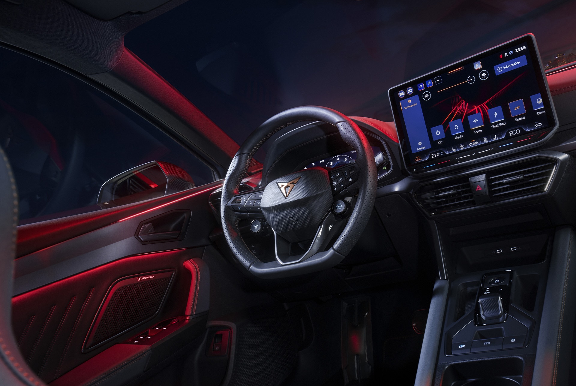 Interior view of the CUPRA Leon PA in Enceladus Grey Matt to showcase general details, such as the upholstery textures in leather & textile.