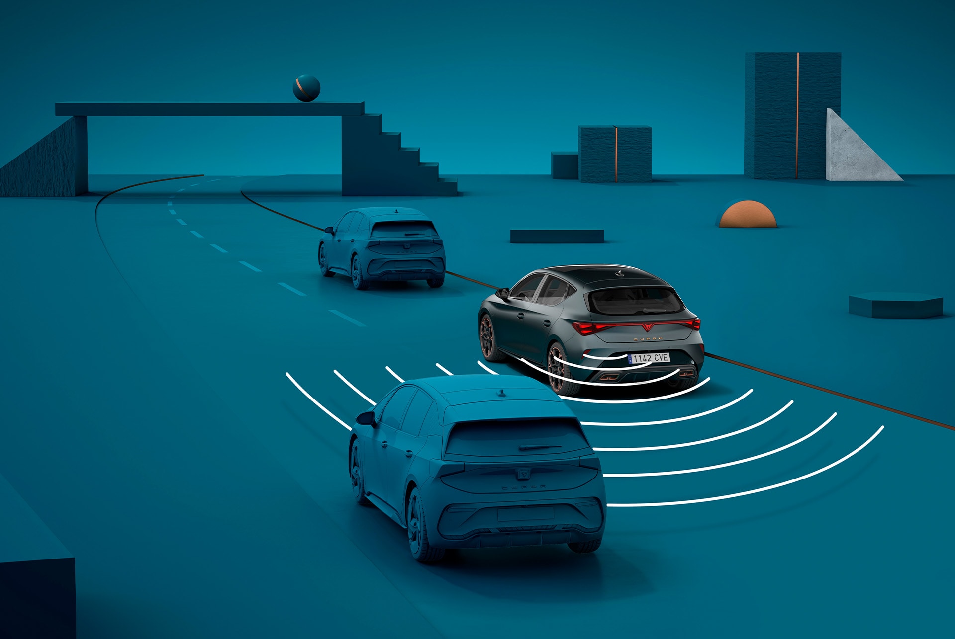 how to use new Cupra Leon 2025 exit warning system, visual demo with shapes and blue background