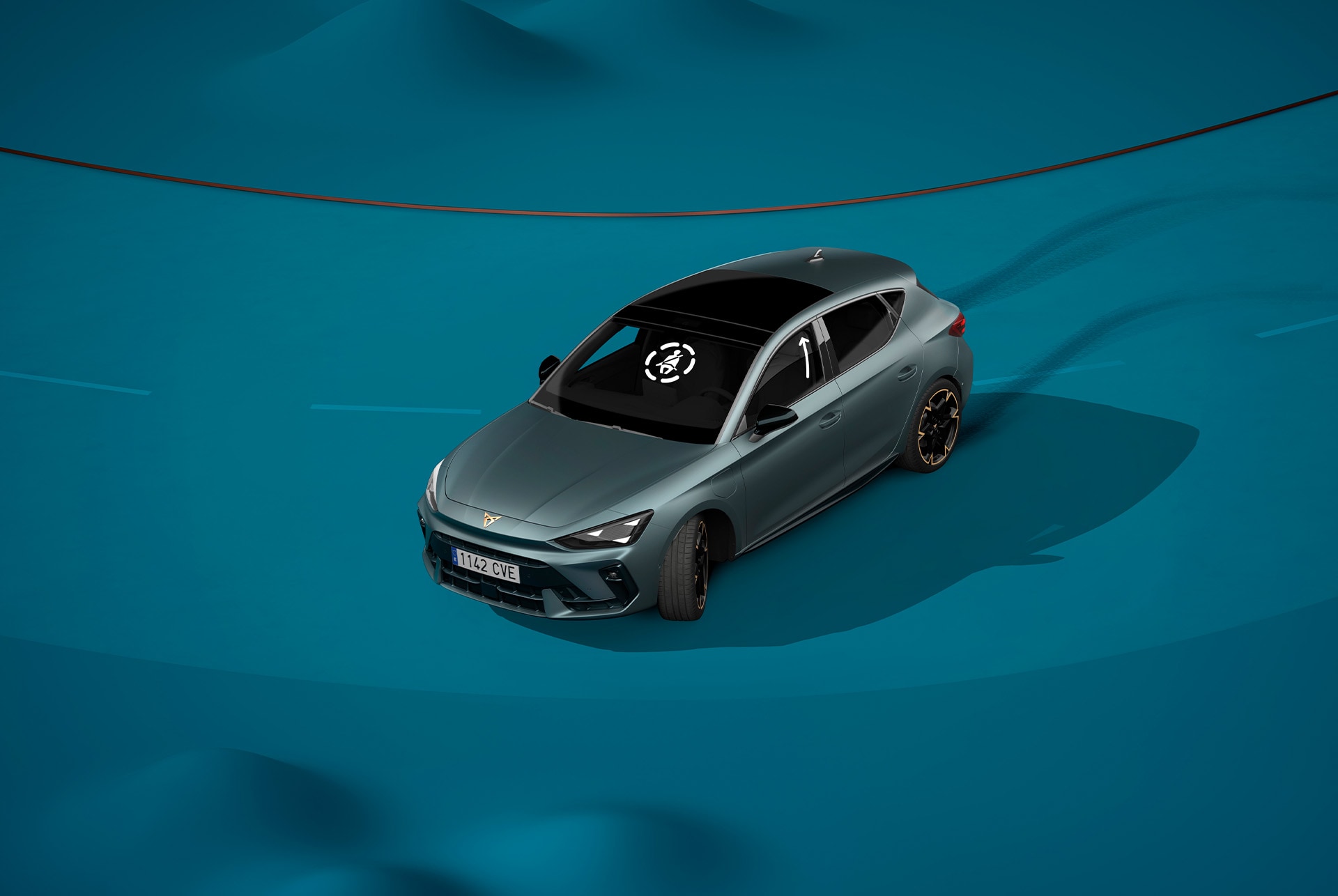 new Cupra Leon 2025, new pre crash safety technology, blue background and visual demo.