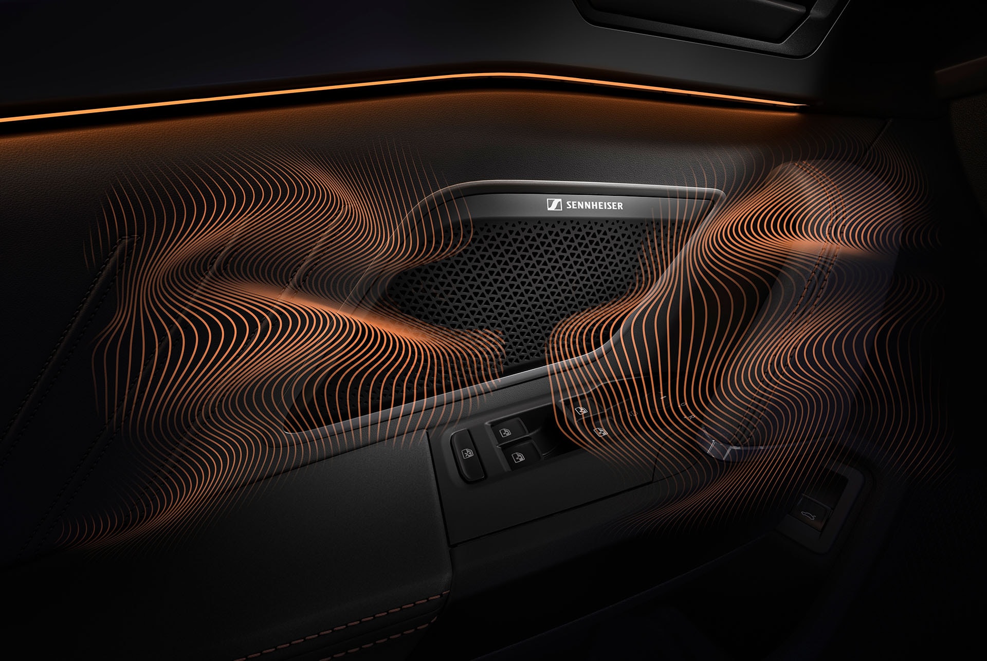 CUPRA Leon immersive by Sennheiser equipment upgrade technology. close up of sennheiser speaker on CUPRA Leon door panel, sound waves and ambient lighting.