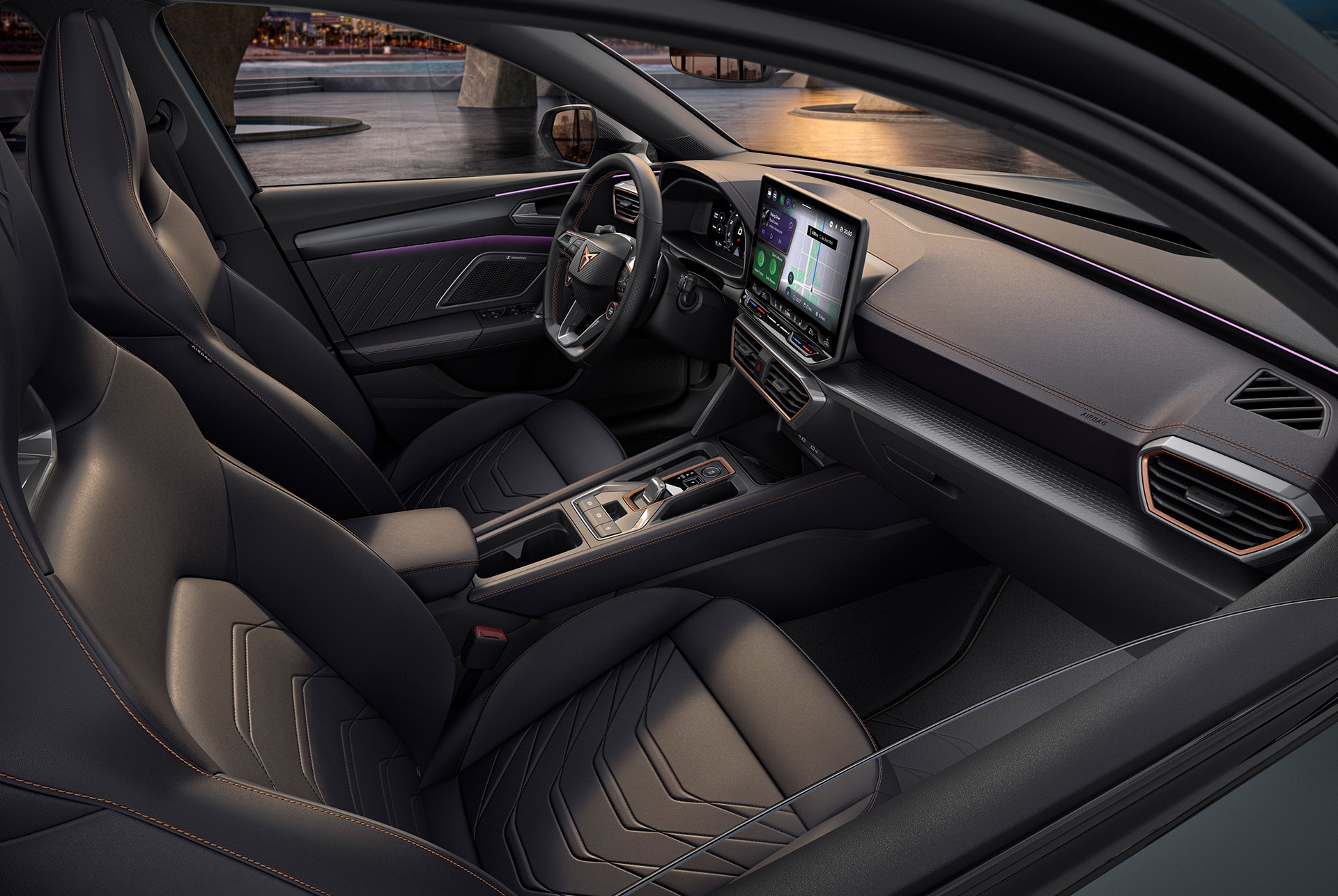 CUPRA Leon Estate 2025 progressive interior design, bucket seats metallised leather seats with heating and electric with memory settings for the driver and front-seat passenger.