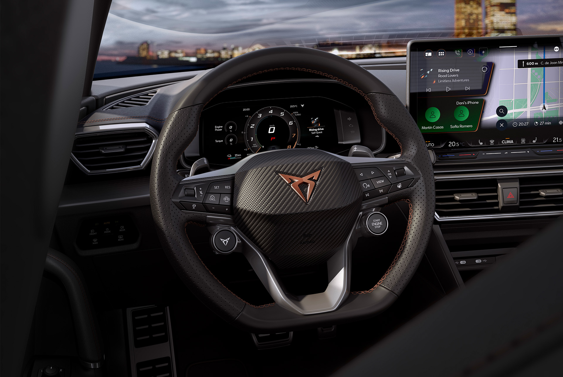 CUPRA Leon Estate interior wheel air vents infotainment dashboard.