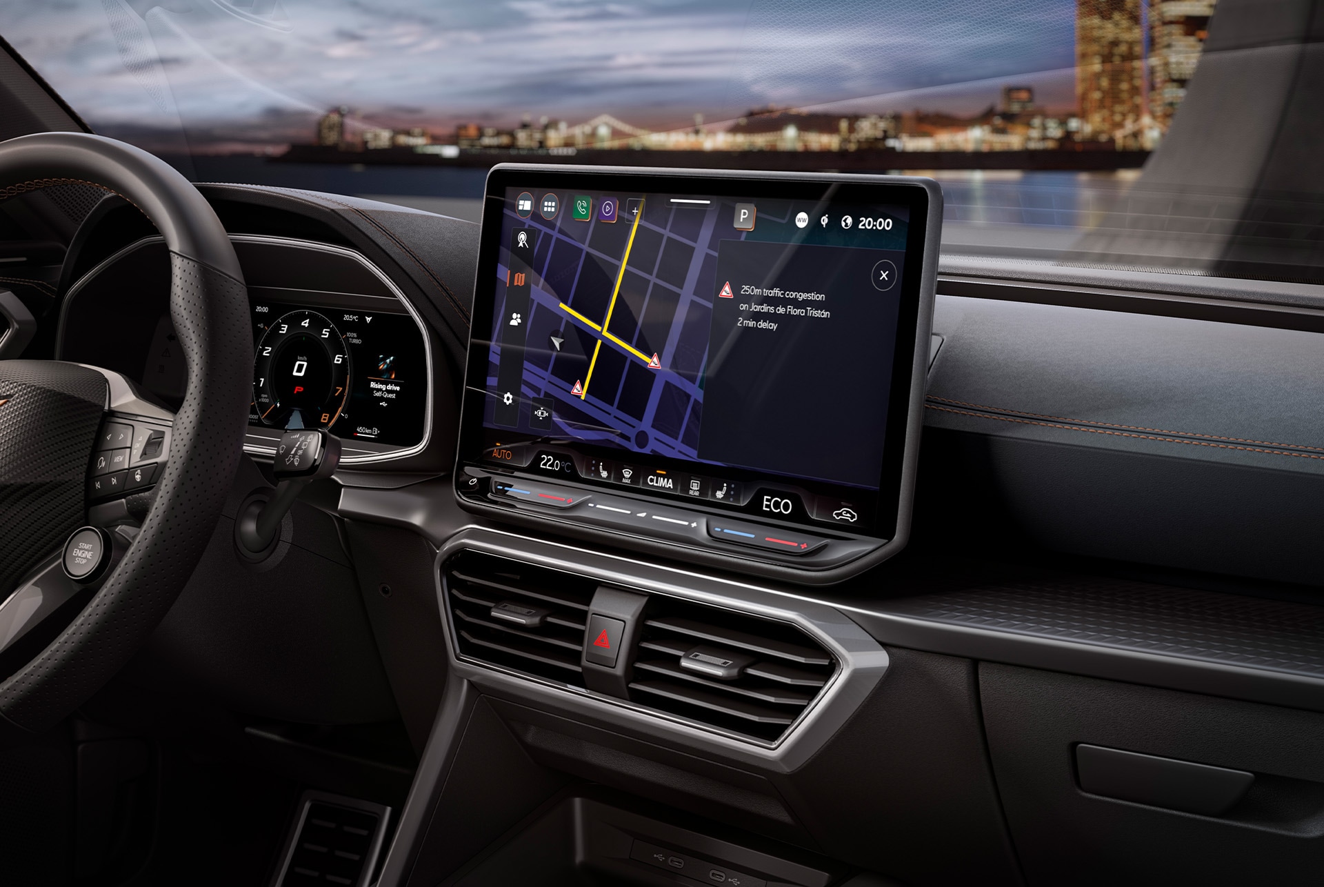 Interior of a SEAT Leon Estate with the infotainment system, dashboard and steering wheel in view