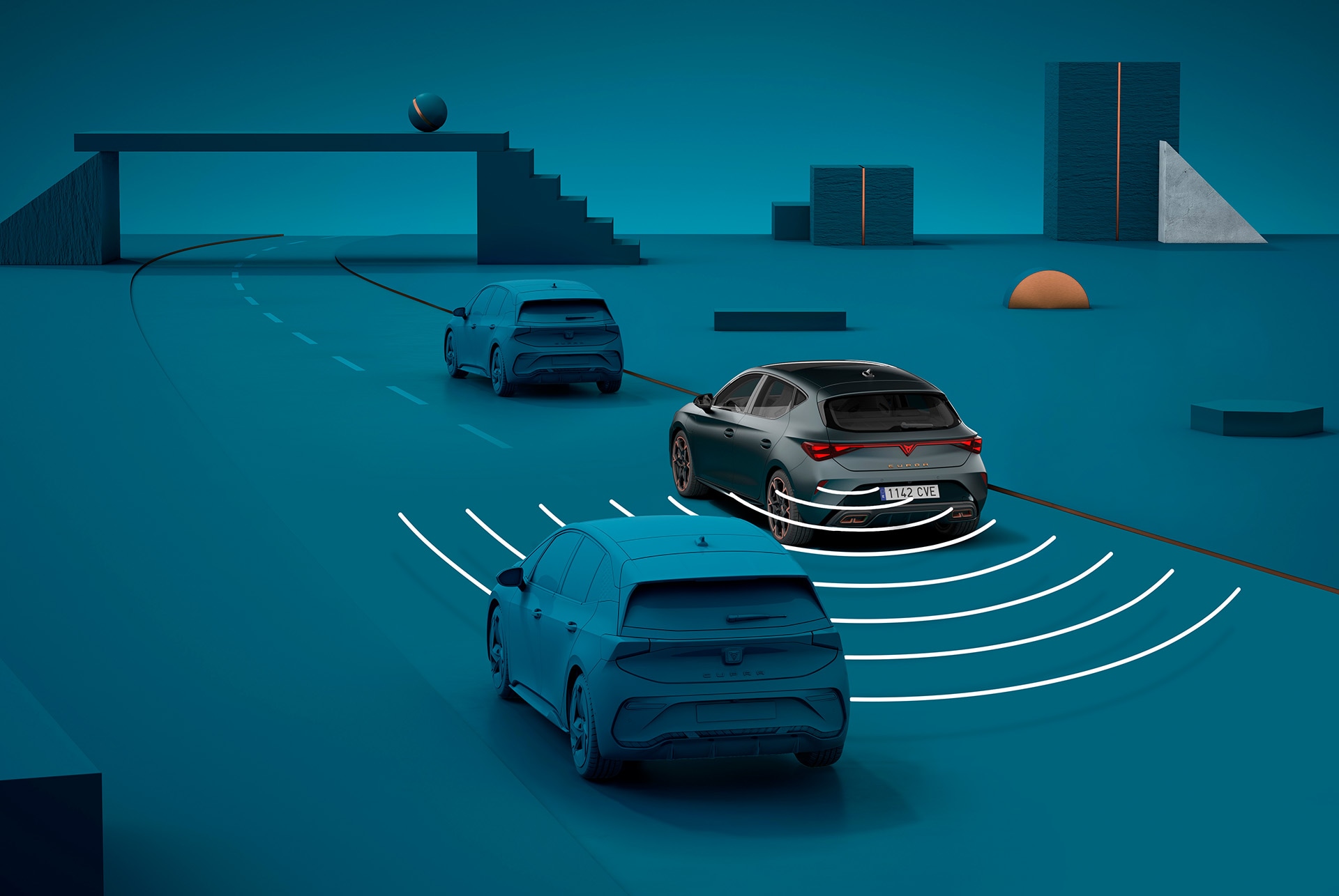 how to use new cupra leon sportstourer 2024 exit warning system, visual demo with shapes and blue background