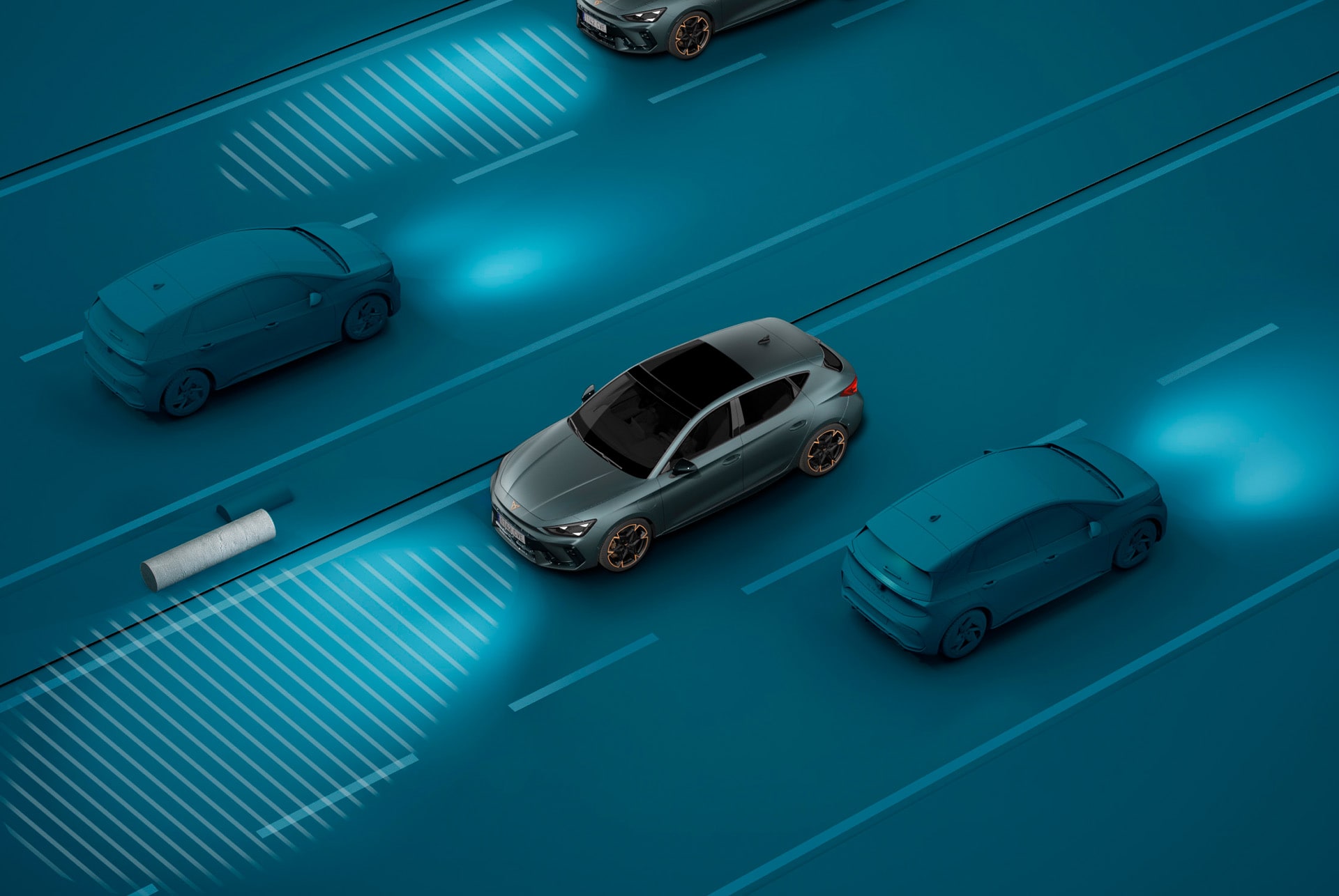 new cupra leon sportstourer 2024 light assist demo, blue background visual demonstration