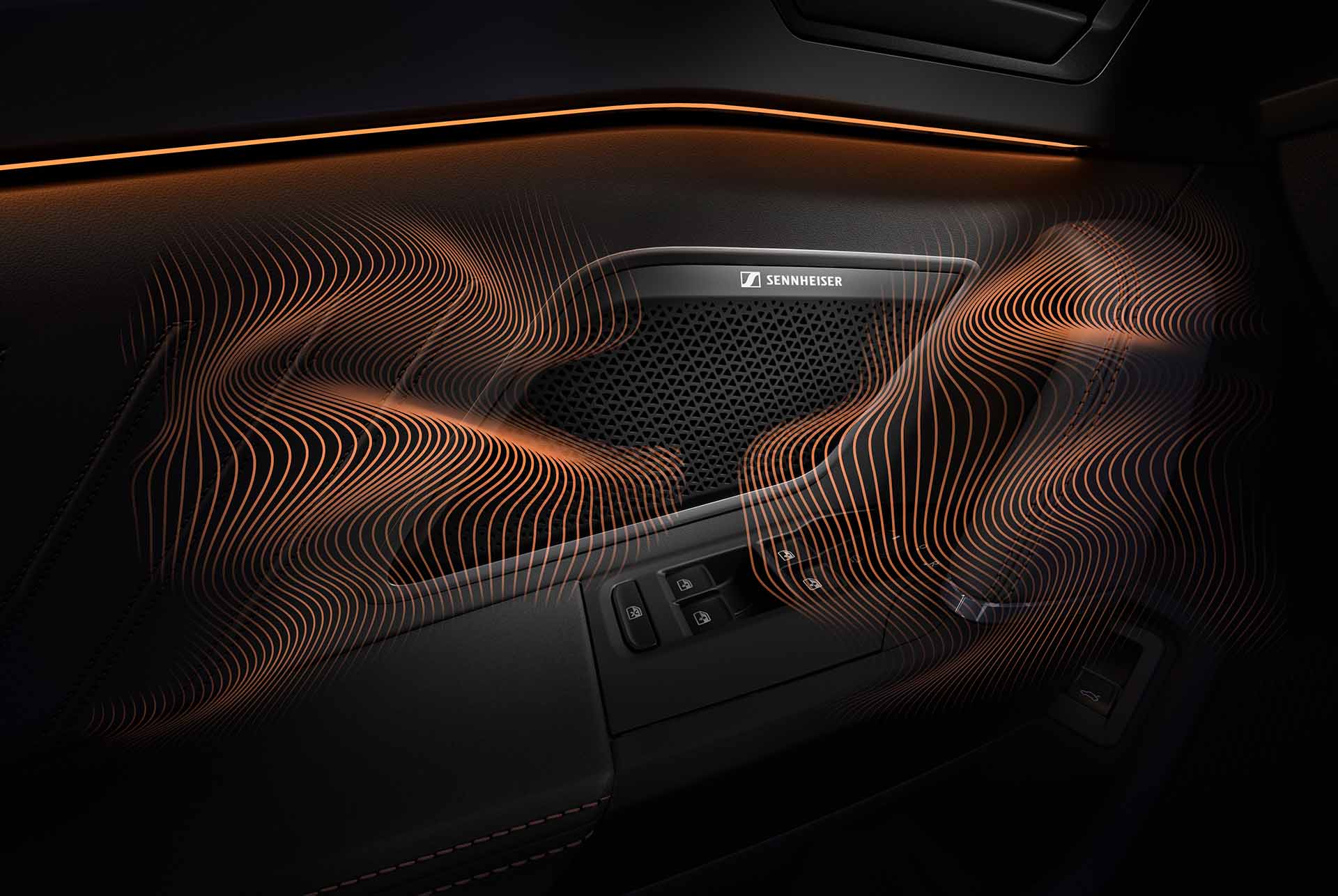 CUPRA Leon Estate immersive by sennheiser equipment upgrade technology. close up of sennheiser speaker on cupra leon sportstourer door panel, sound waves and ambient lighting.