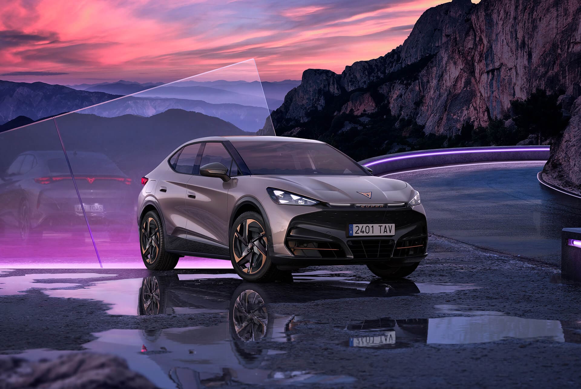 A Tavascan Born parked on a wet road with a purple skyline
