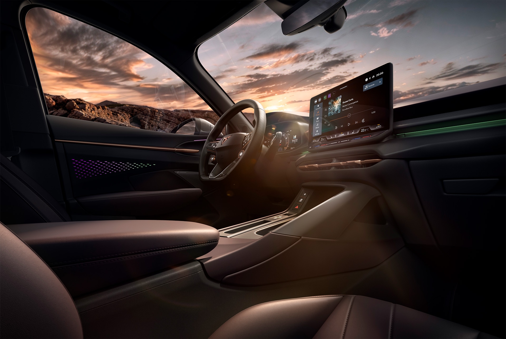 interior design of the new cupra terramar 2025 showcasing the advanced dashboard view and the steering wheel