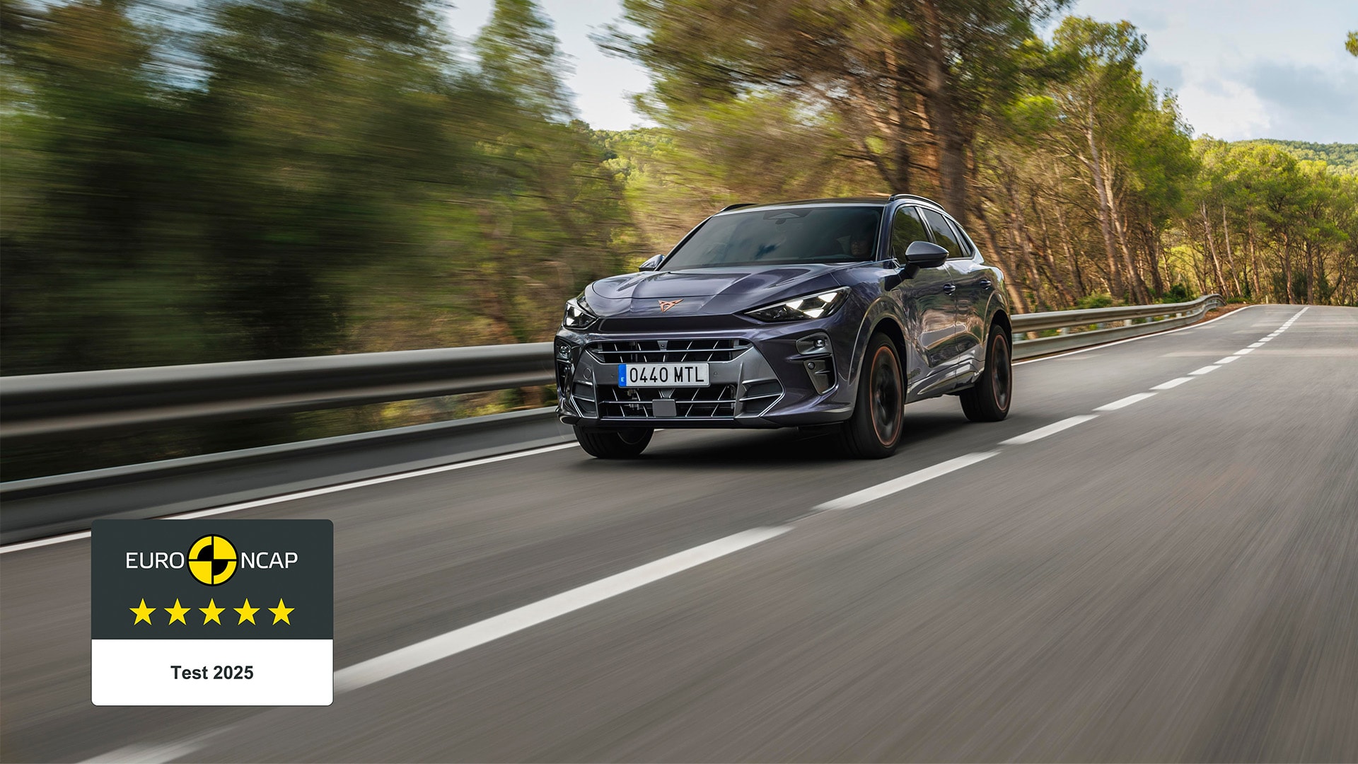 A cupra terramar outdoors, performing on the road to showcase its safe driving experience, now awarded with the 5-star Euro NCAP rating in 2025