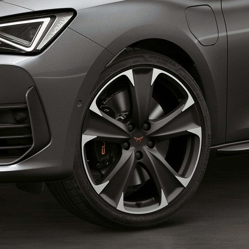 new CUPRA Leon Estate e-HYBRID Family Sports Car with 19” Machined Alloy wheels in Black and Silver.