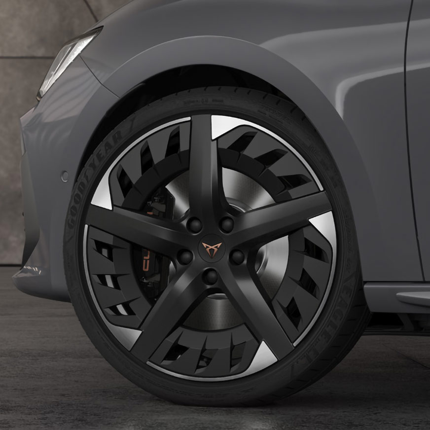 new CUPRA Leon Estate five door compact sports car available with 18" Machined Alloy wheels in Sport Black and Silver