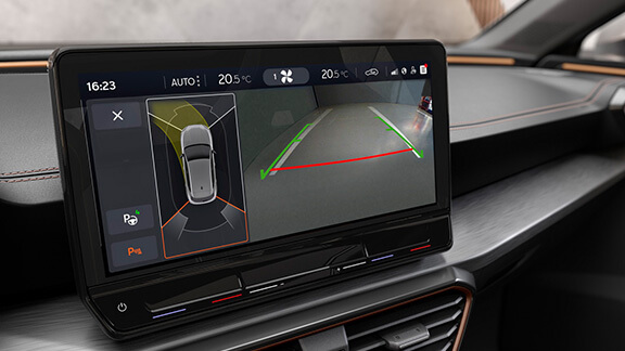 Autonomous parking of the new CUPRA Leon five doors e-hybrid compact sports Car interior view