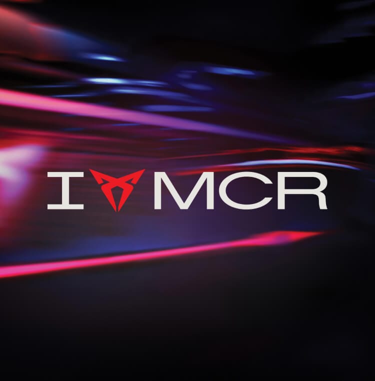 I (love) CUPRA MCR brand logo on a black background with pink tones