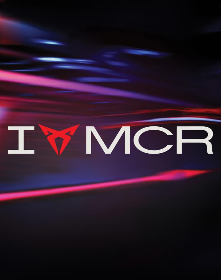 I (love) CUPRA MCR brand logo on a black background with pink tones
