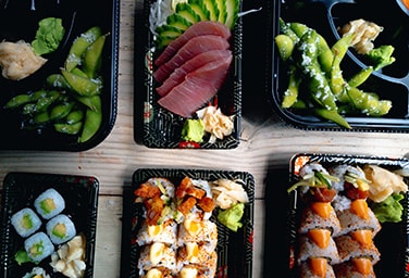 Six platters of mostly sushi dishes