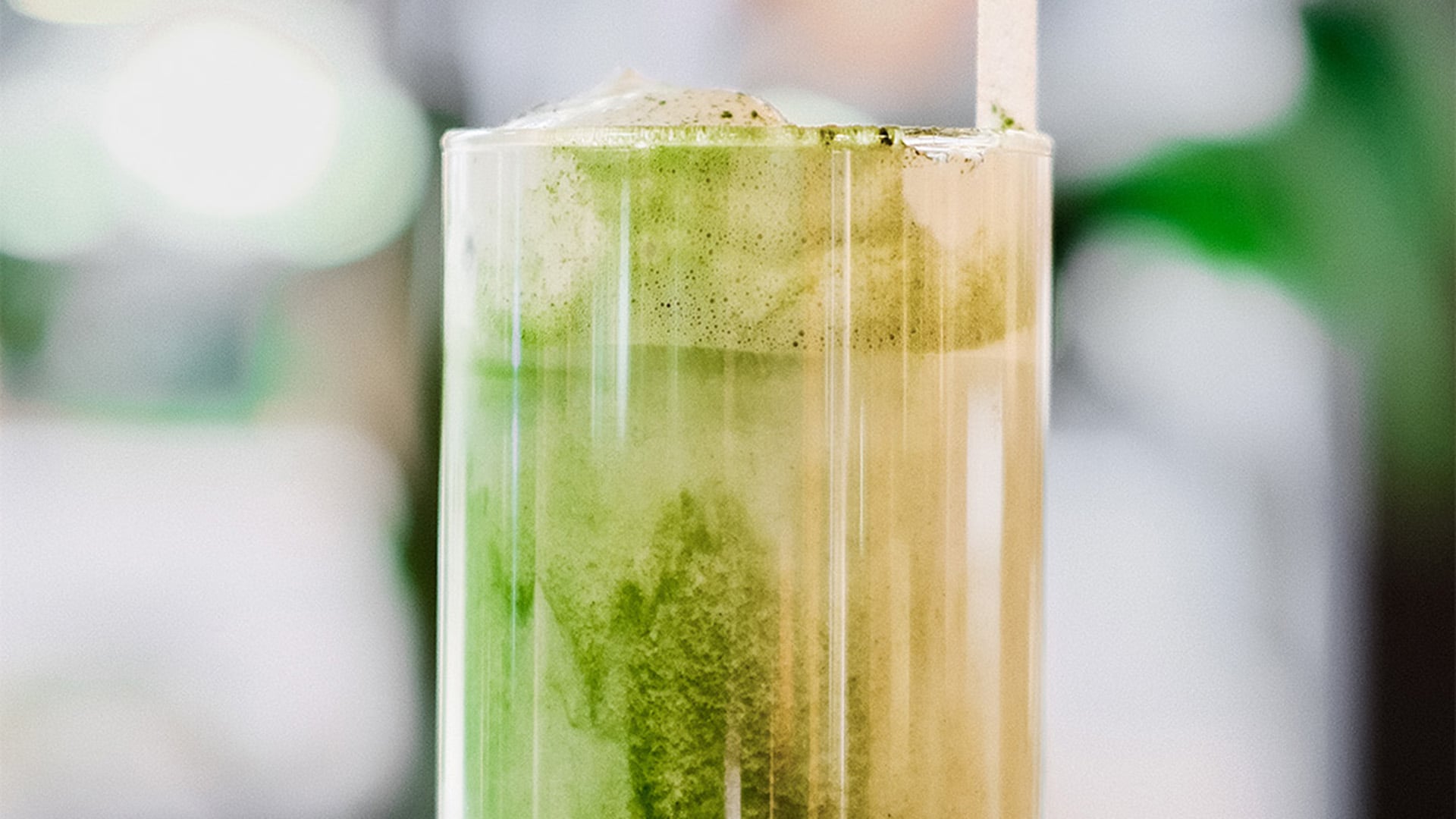 A close-up of a glass of matcha