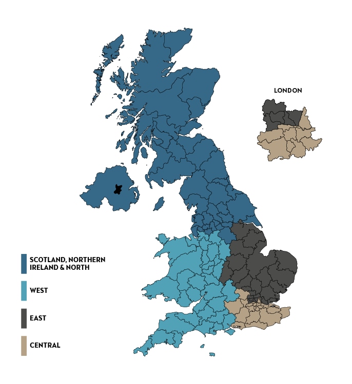 A map of the United Kingdom with colours that depict 4 areas: Scotland, Northern Ireland, West, East and Central, that are covered by CUPRA's UK Fleet team