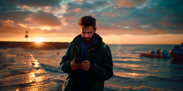 A man looking at a smartphone with a sea background
