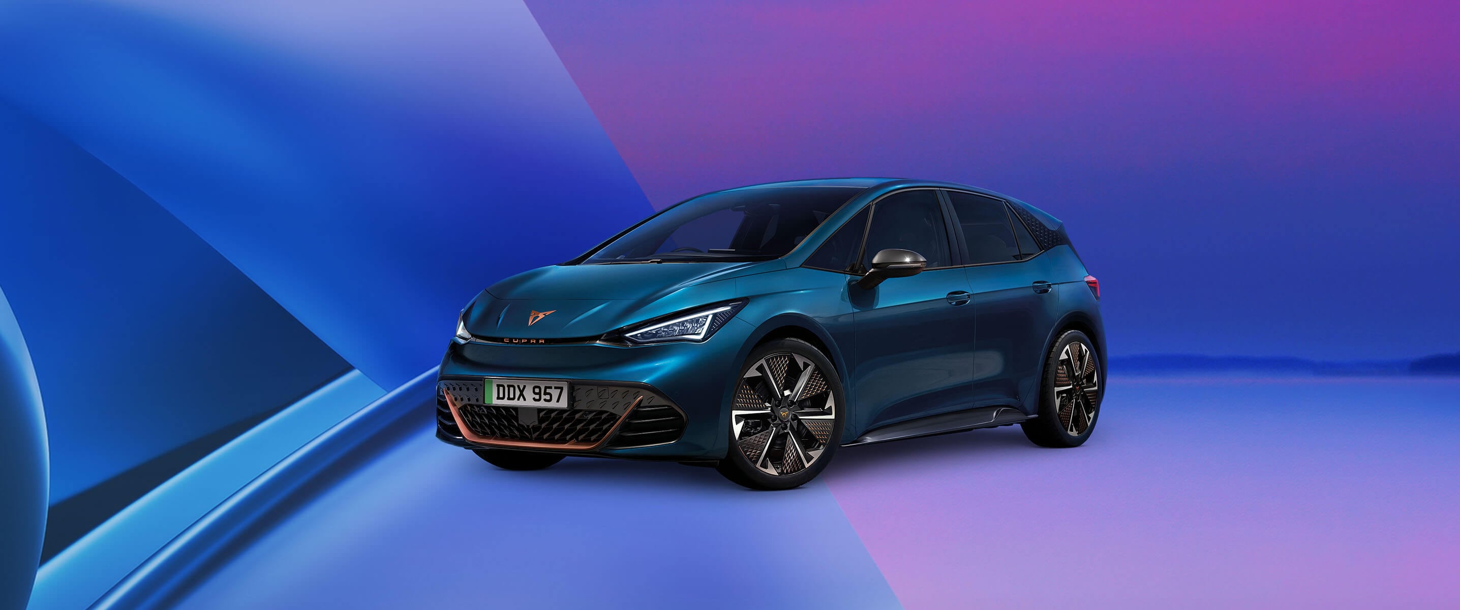 An all-electric CUPRA Born car on a purple and blue background