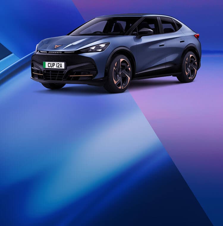 A CUPRA Tavascan on a blue and purple background