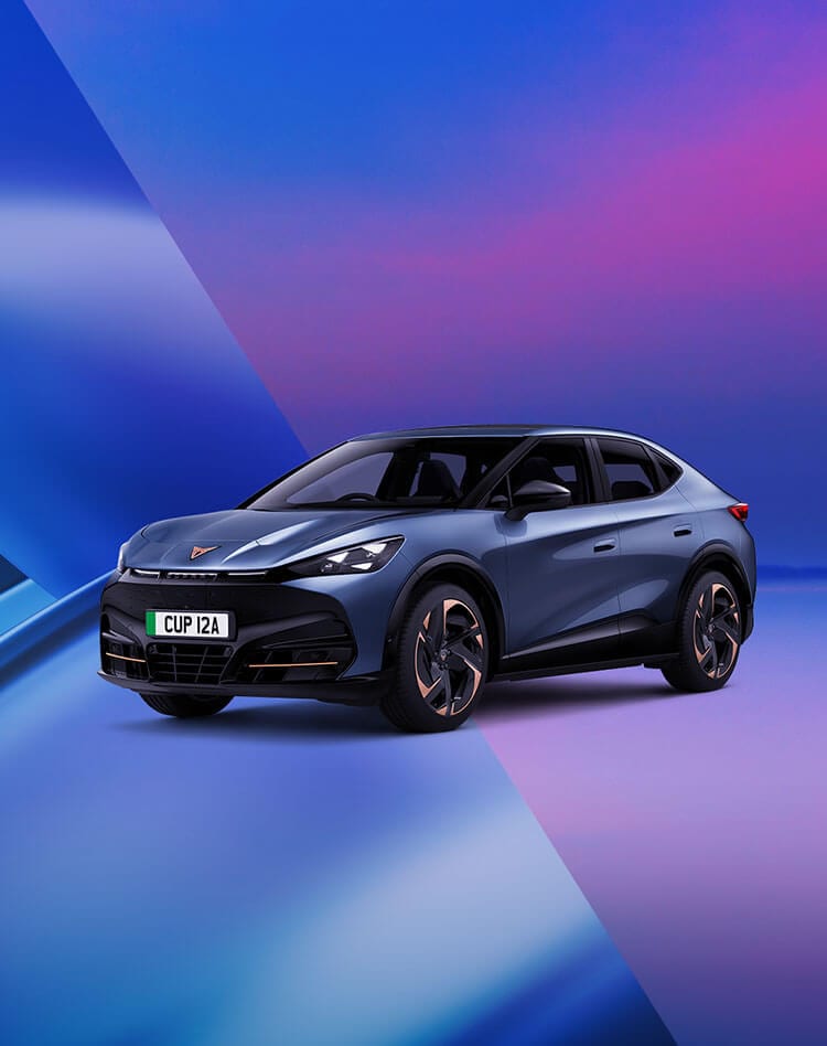 A CUPRA Tavascan on a blue and purple background